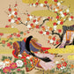 Sérigraphie japonaise de femmes Heian dans un jardin fleuri, gros plan sur cerisier en fleur