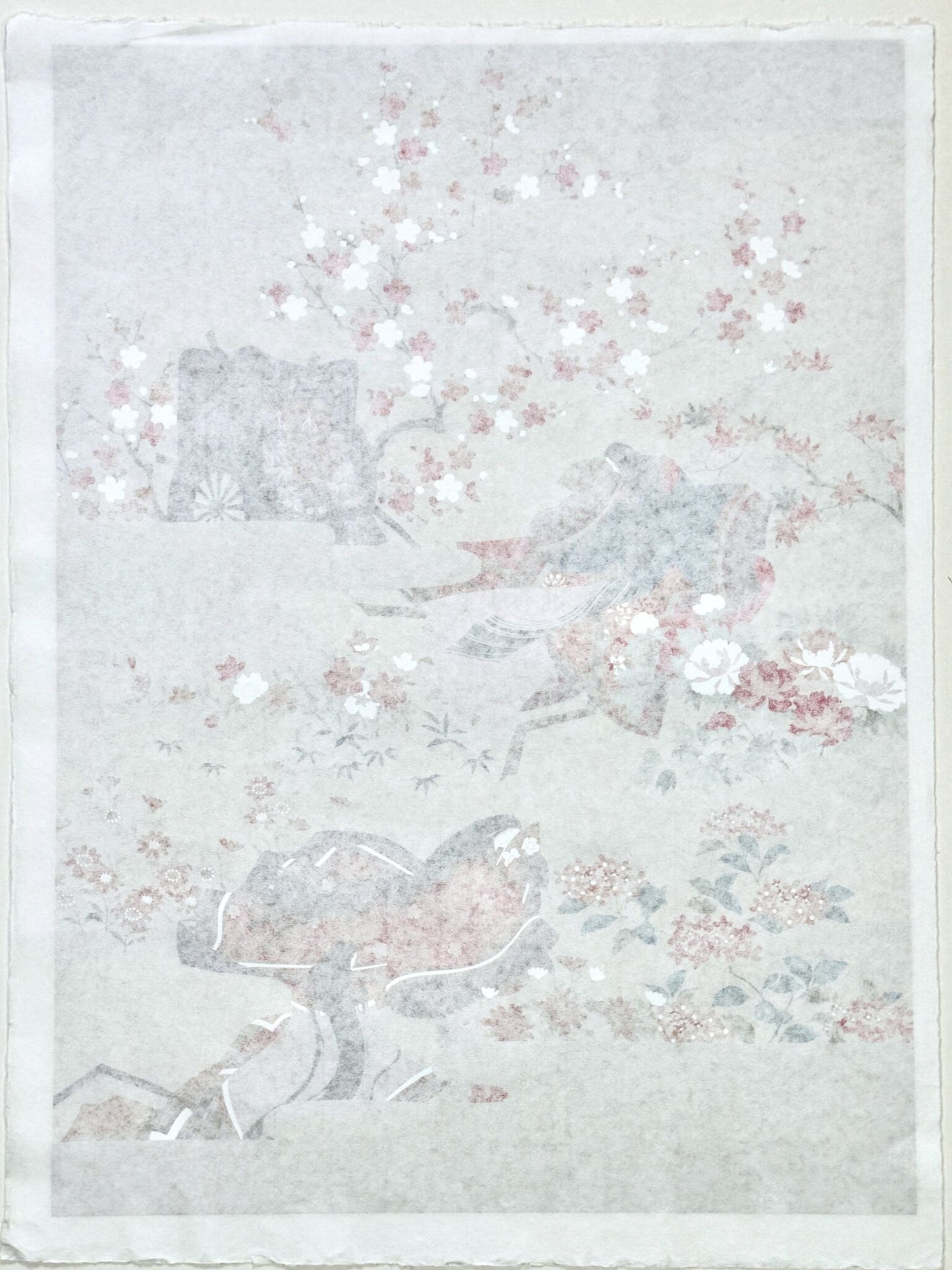 Sérigraphie japonaise de femmes Heian dans un jardin fleuri, le verso