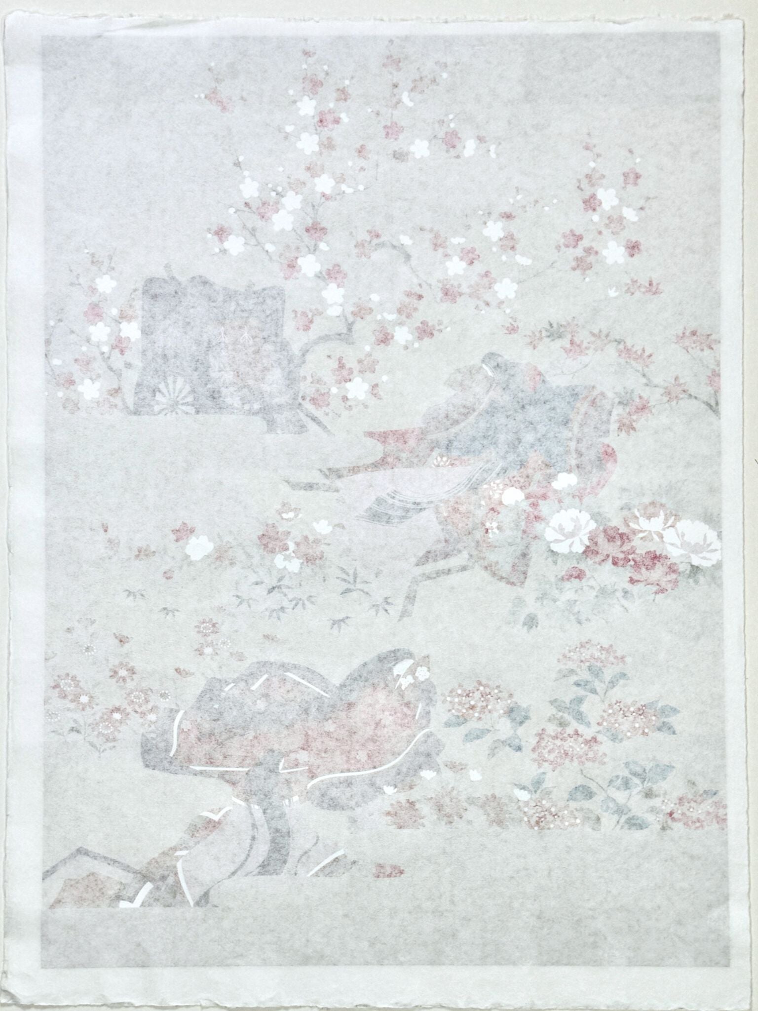 Sérigraphie japonaise de femmes Heian dans un jardin fleuri, le verso