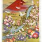 Sérigraphie japonaise artisanale Mont Fuji rouge avec cascade, grues, cerisier et fleurs
