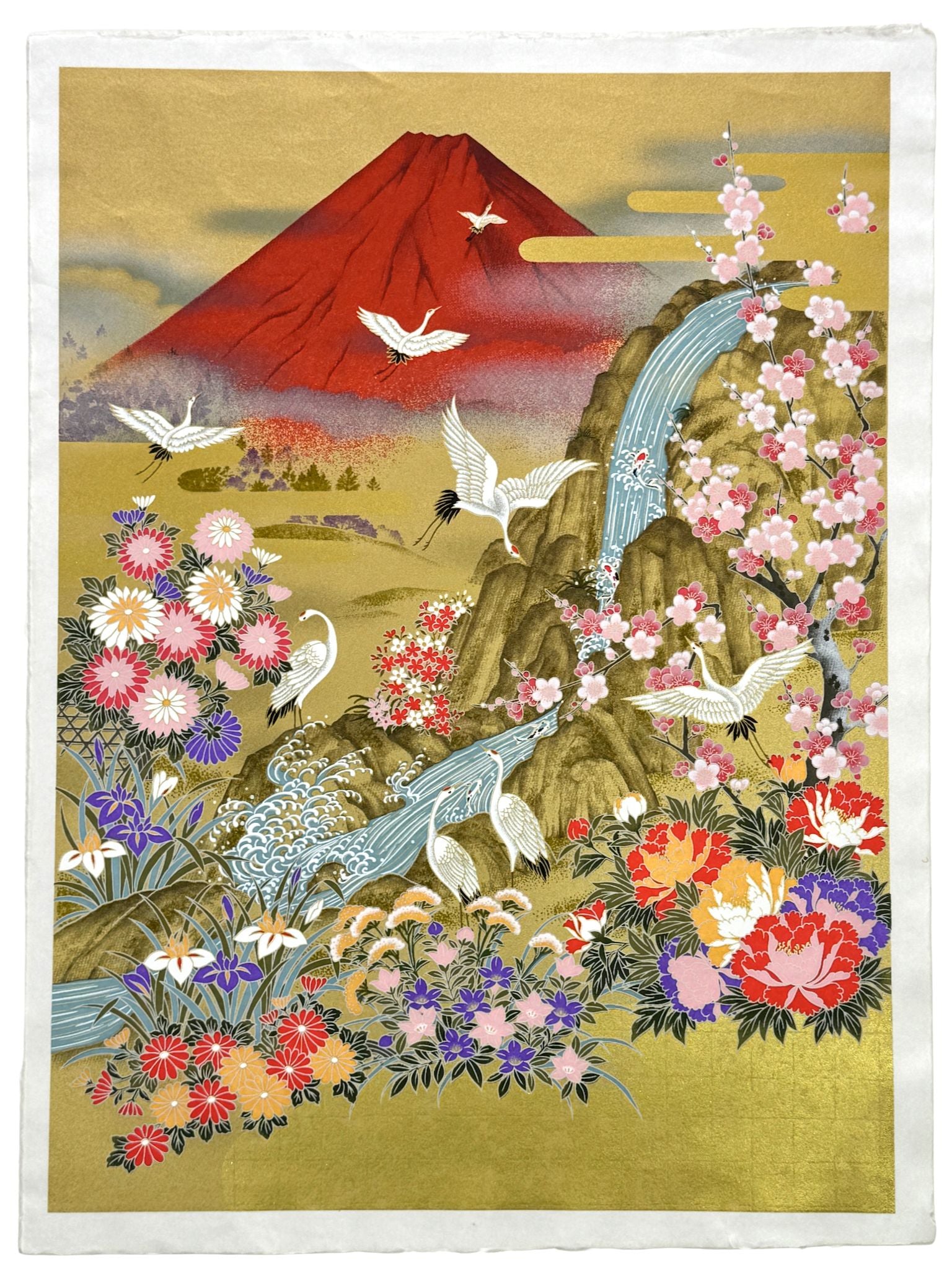 Sérigraphie japonaise artisanale Mont Fuji rouge avec cascade, grues, cerisier et fleurs