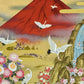 Sérigraphie japonaise artisanale Mont Fuji rouge avec cascade, grues, cerisier et fleurs, gros plan sur le Fuji et grues en vol