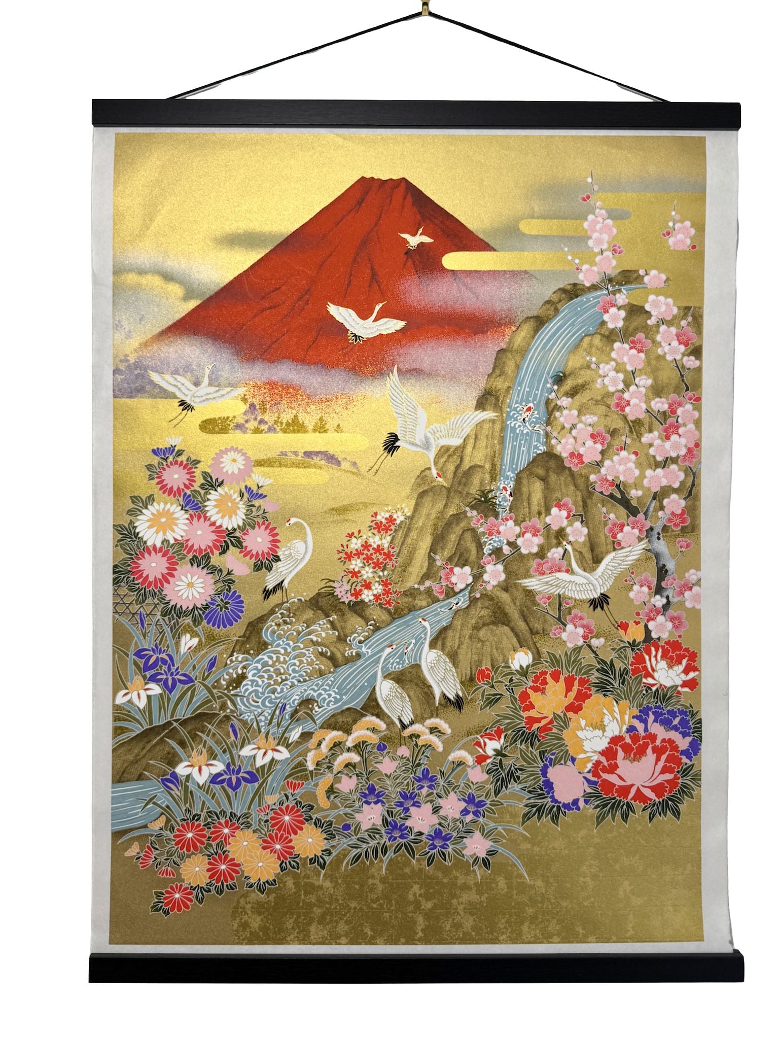 Sérigraphie japonaise artisanale Mont Fuji rouge avec cascade, grues, cerisier et fleurs, accrochée au mur