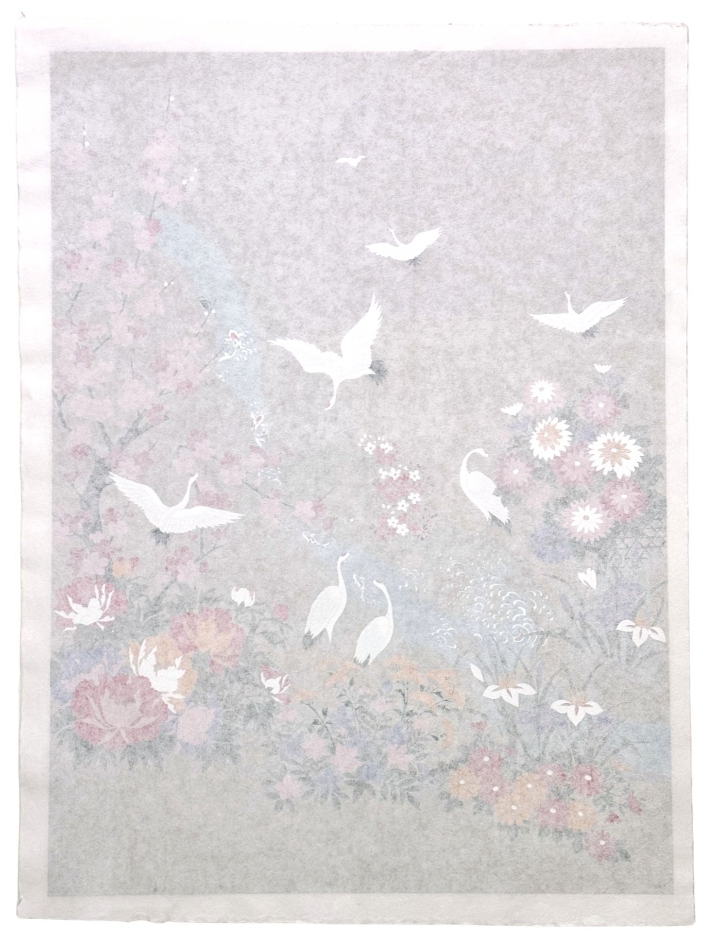 Sérigraphie japonaise artisanale Mont Fuji rouge avec cascade, grues, cerisier et fleurs, le verso