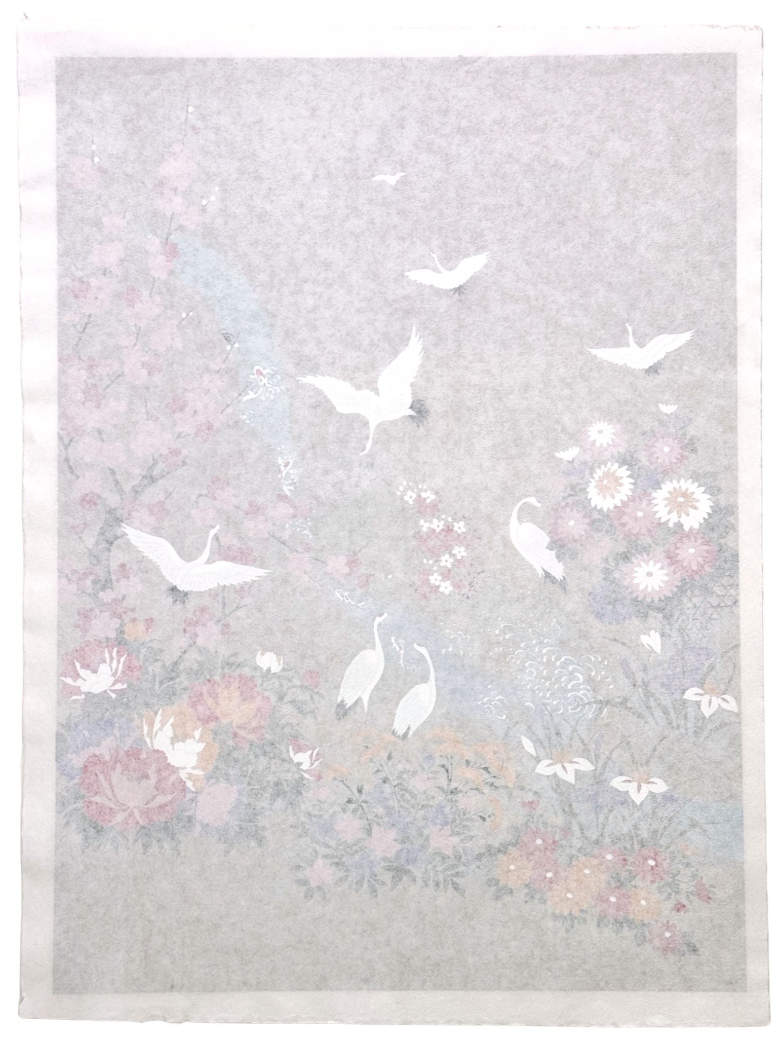 Sérigraphie japonaise artisanale Mont Fuji rouge avec cascade, grues, cerisier et fleurs, le verso