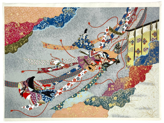 Sérigraphie japonaise artisanale avec joueur de flûte et dames de cour Heian