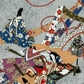 Sérigraphie japonaise artisanale avec joueur de flûte et dames de cour Heian, gros plan sur joueur de flûte