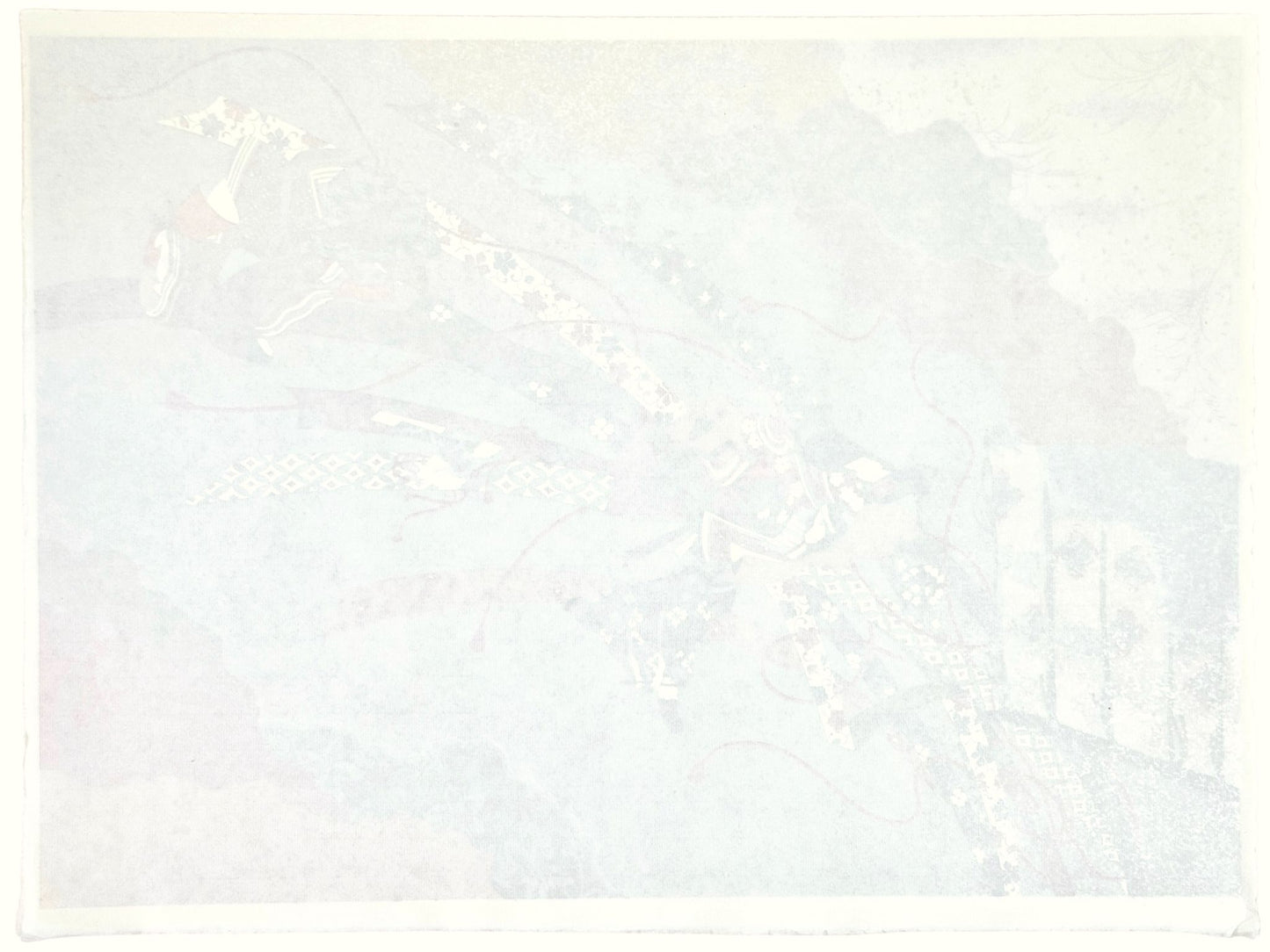 Sérigraphie japonaise artisanale avec joueur de flûte et dames de cour Heian, le verso