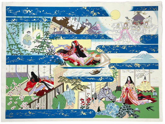 Sérigraphie japonaise artisanale illustrant le conte de la Princesse Kaguya, sur fond bleu