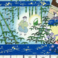 Sérigraphie japonaise artisanale illustrant le conte de la Princesse Kaguya sur fond bleu, gros plan sur le coupeur de bambou