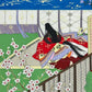 Sérigraphie japonaise artisanale illustrant le conte de la Princesse Kaguya, gros plan sur une femme en kimono rouge