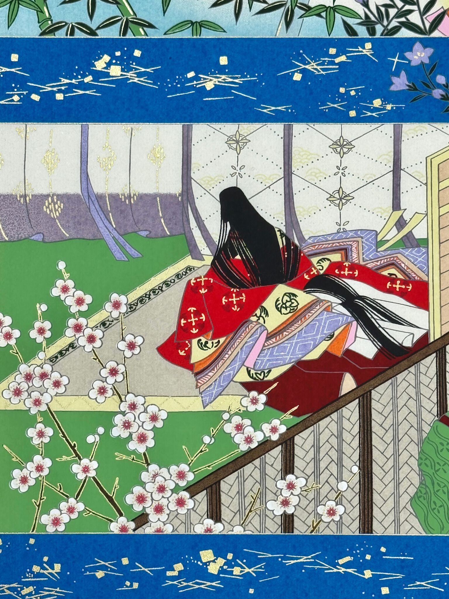 Sérigraphie japonaise artisanale illustrant le conte de la Princesse Kaguya, gros plan sur une femme en kimono rouge