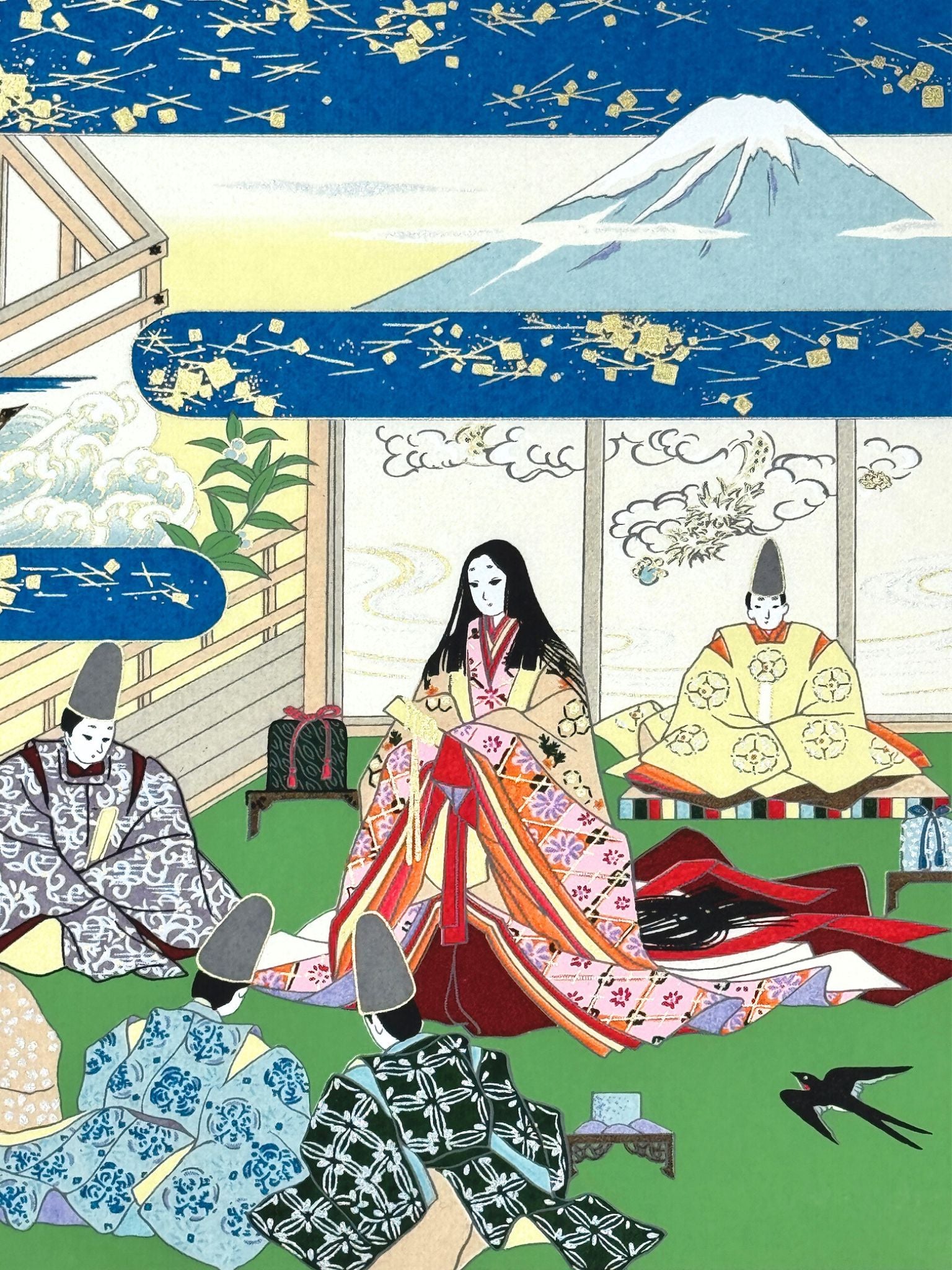 Sérigraphie japonaise artisanale illustrant le conte de la Princesse Kaguya, gros plan sur le Mont Fuji