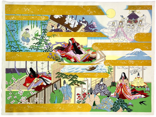 Sérigraphie japonaise artisanale dorée, conte de la Princesse Kaguya