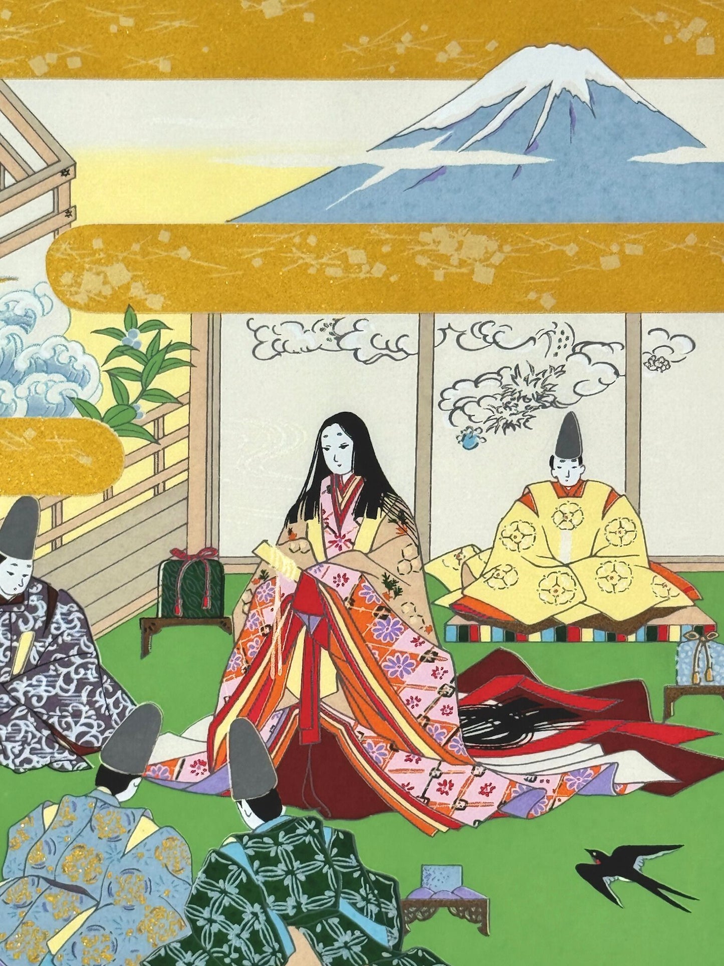 Sérigraphie japonaise artisanale dorée, conte de la Princesse Kaguya, gros plan sur le Mont Fuji