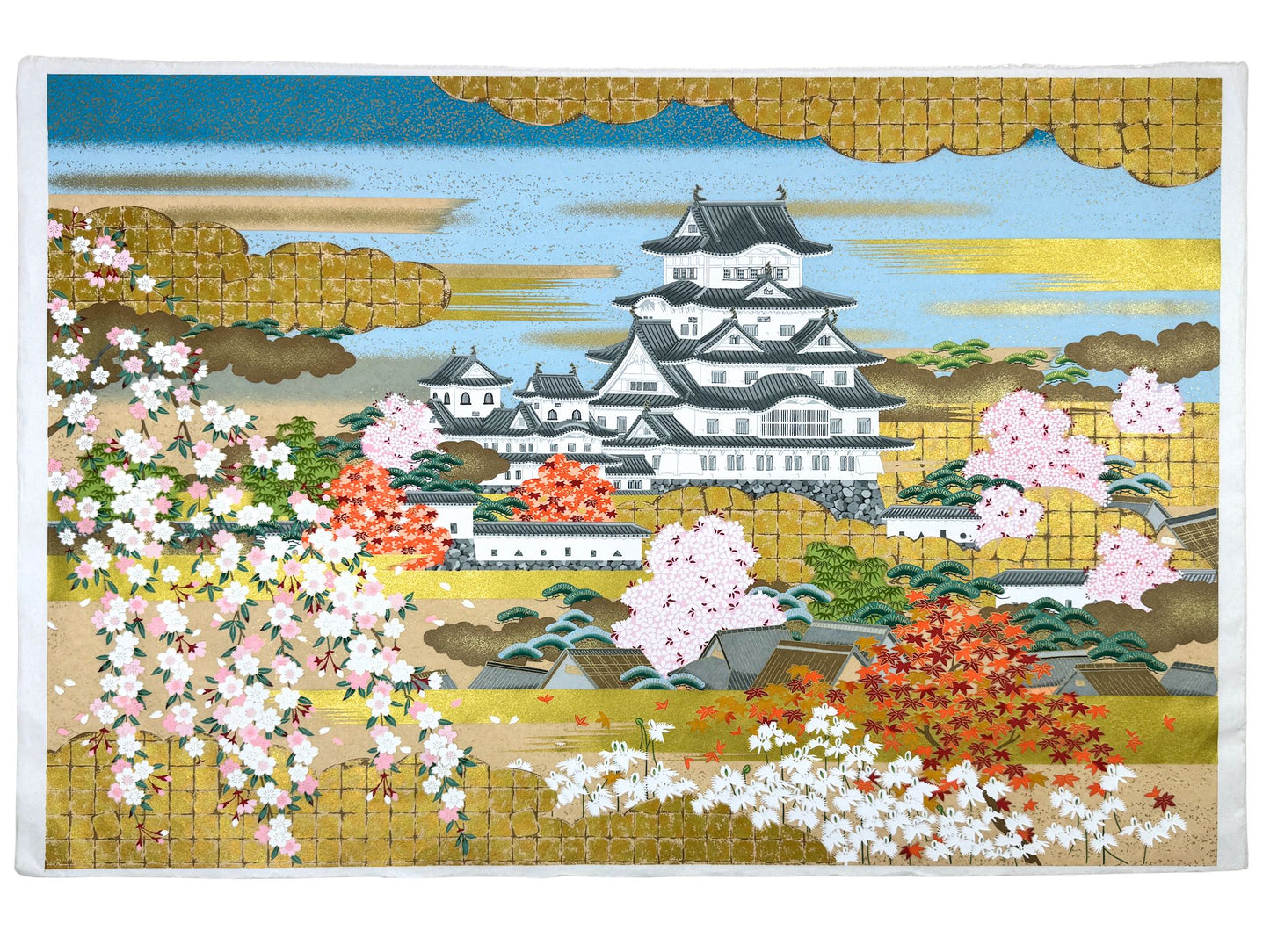Sérigraphie japonaise grand format château aux quatre saisons