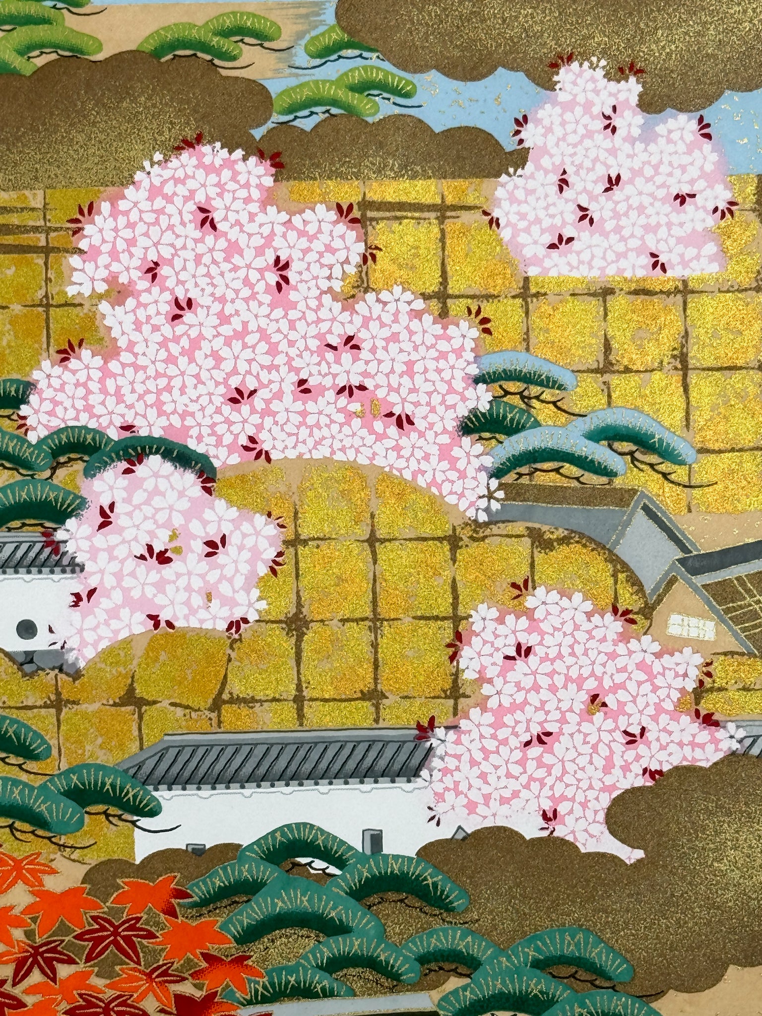 Sérigraphie japonaise grand format château aux quatre saisons, gros plan sur les cerisiers en fleurs au printemps