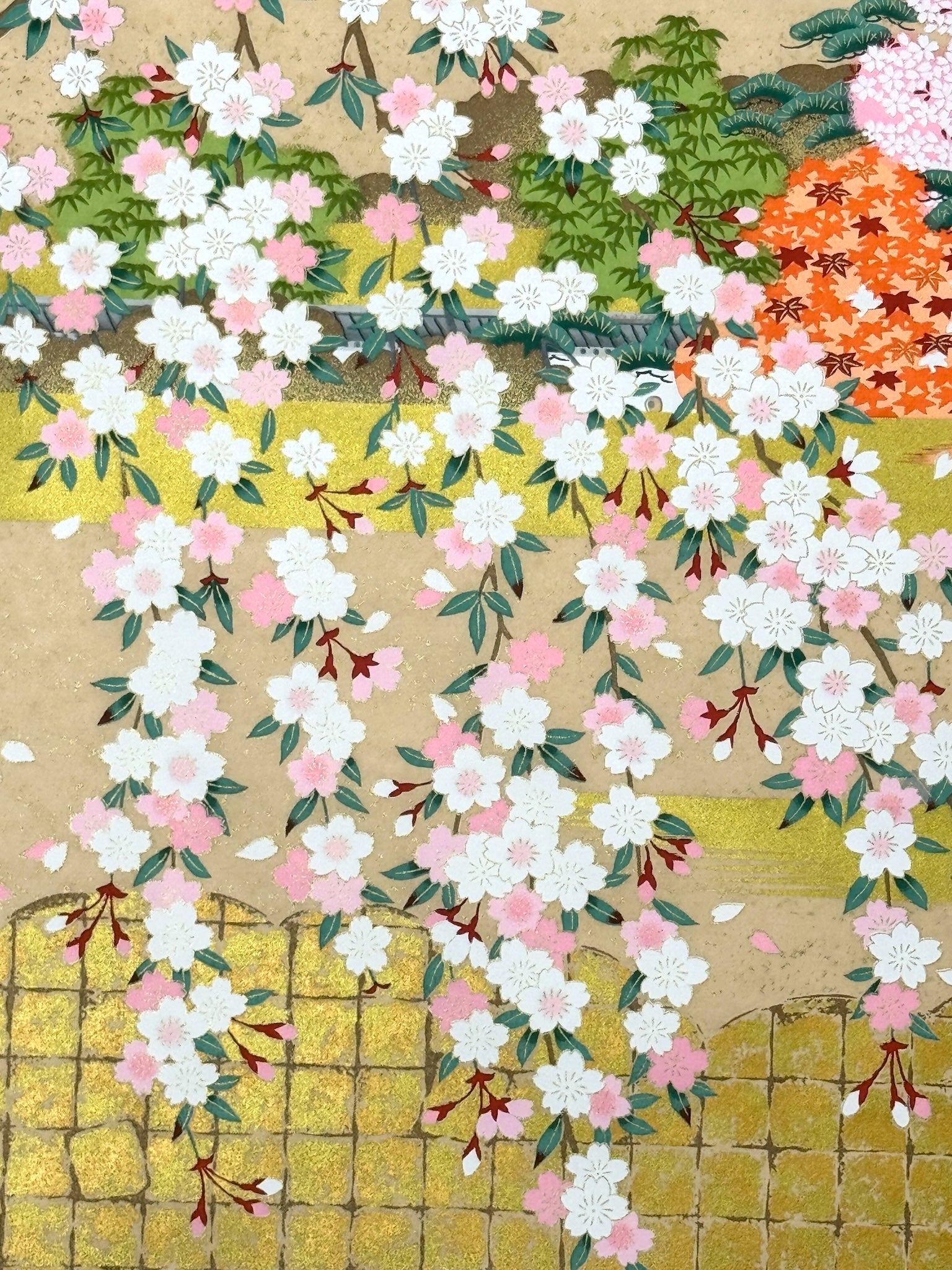 Sérigraphie japonaise grand format château aux quatre saisons, gros plan sur les fleurs de cerisier pleureurs