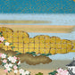 Sérigraphie japonaise grand format château aux quatre saisons, gros plan sur les nuages dorés et le ciel bleu