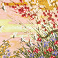 Sérigraphie japonaise grand format envol de grues et fleurs de printemps, gros plan sur iris et prunier en fleur