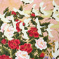 Sérigraphie japonaise grand format envol de grues et fleurs de printemps, gros plan sur pivoines et grues en vol