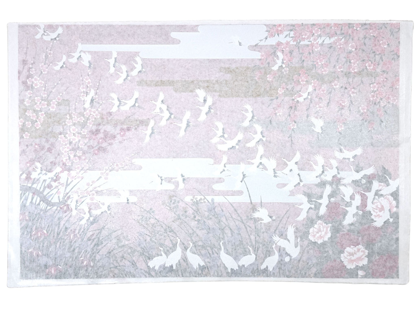 Sérigraphie japonaise grand format envol de grues et fleurs de printemps, le verso