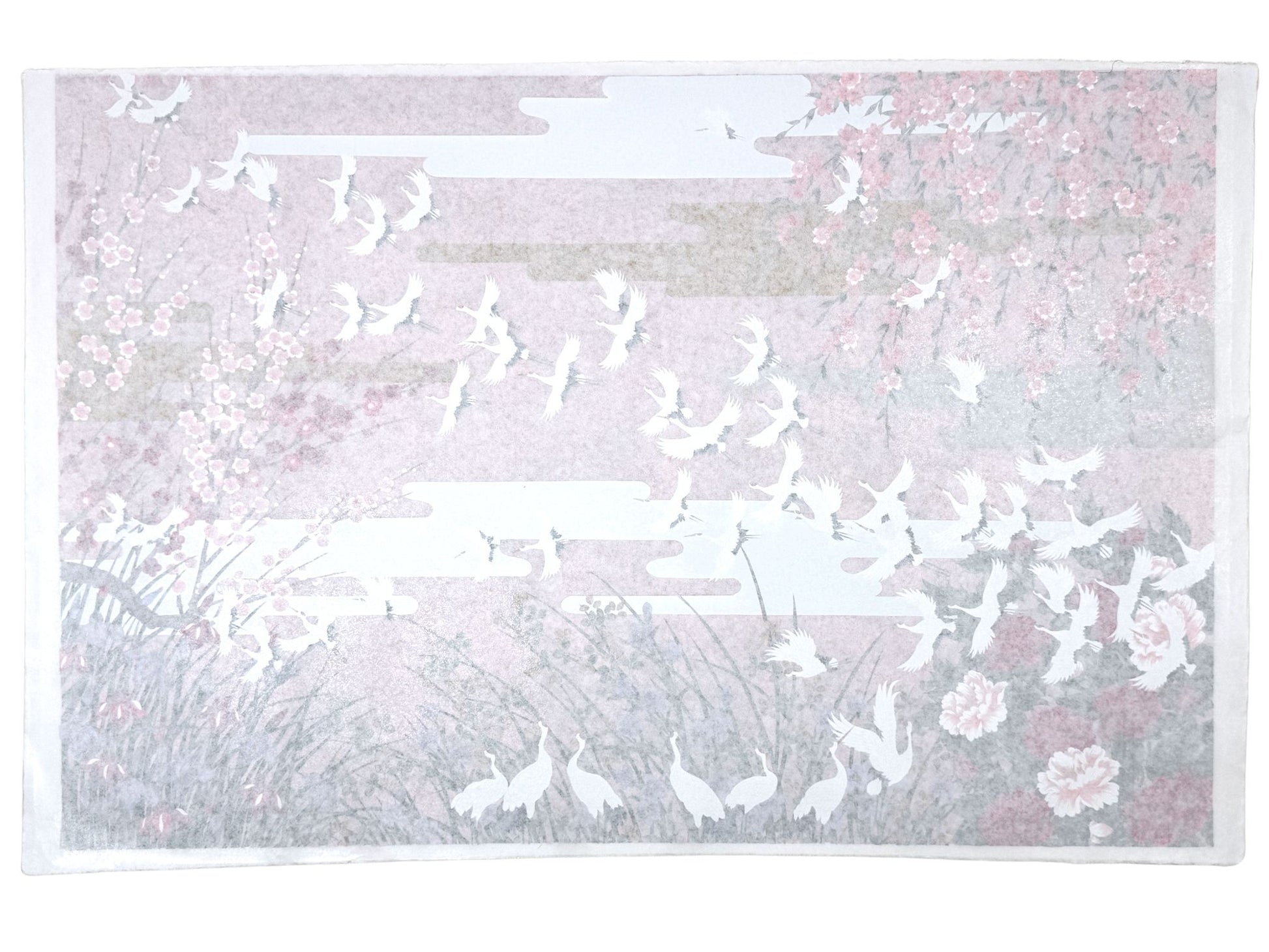 Sérigraphie japonaise grand format envol de grues et fleurs de printemps, le verso