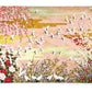 Sérigraphie japonaise grand format envol de grues et fleurs de printemps