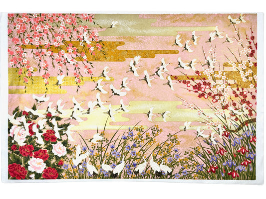 Sérigraphie japonaise grand format envol de grues et fleurs de printemps