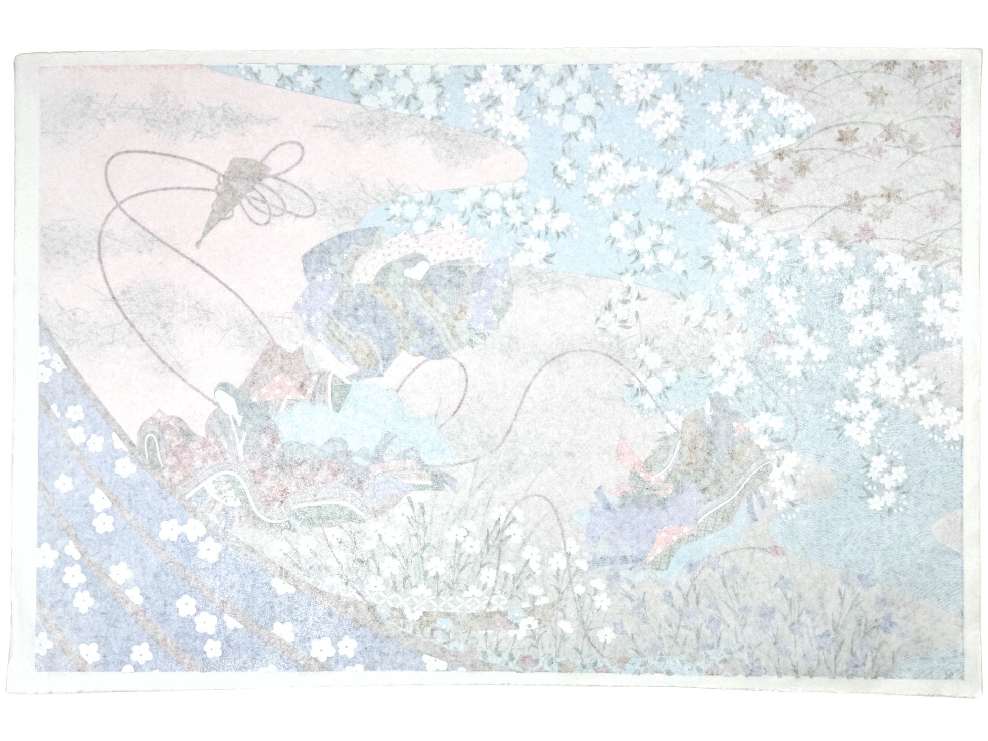 Sérigraphie japonaise grand format représentant une scène du Genji Monogatari avec des personnages de cour et les représentations de quatre saisons, le verso