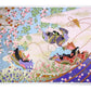 Sérigraphie japonaise grand format représentant une scène du Genji Monogatari avec des personnages de cour et les représentations de quatre saisons