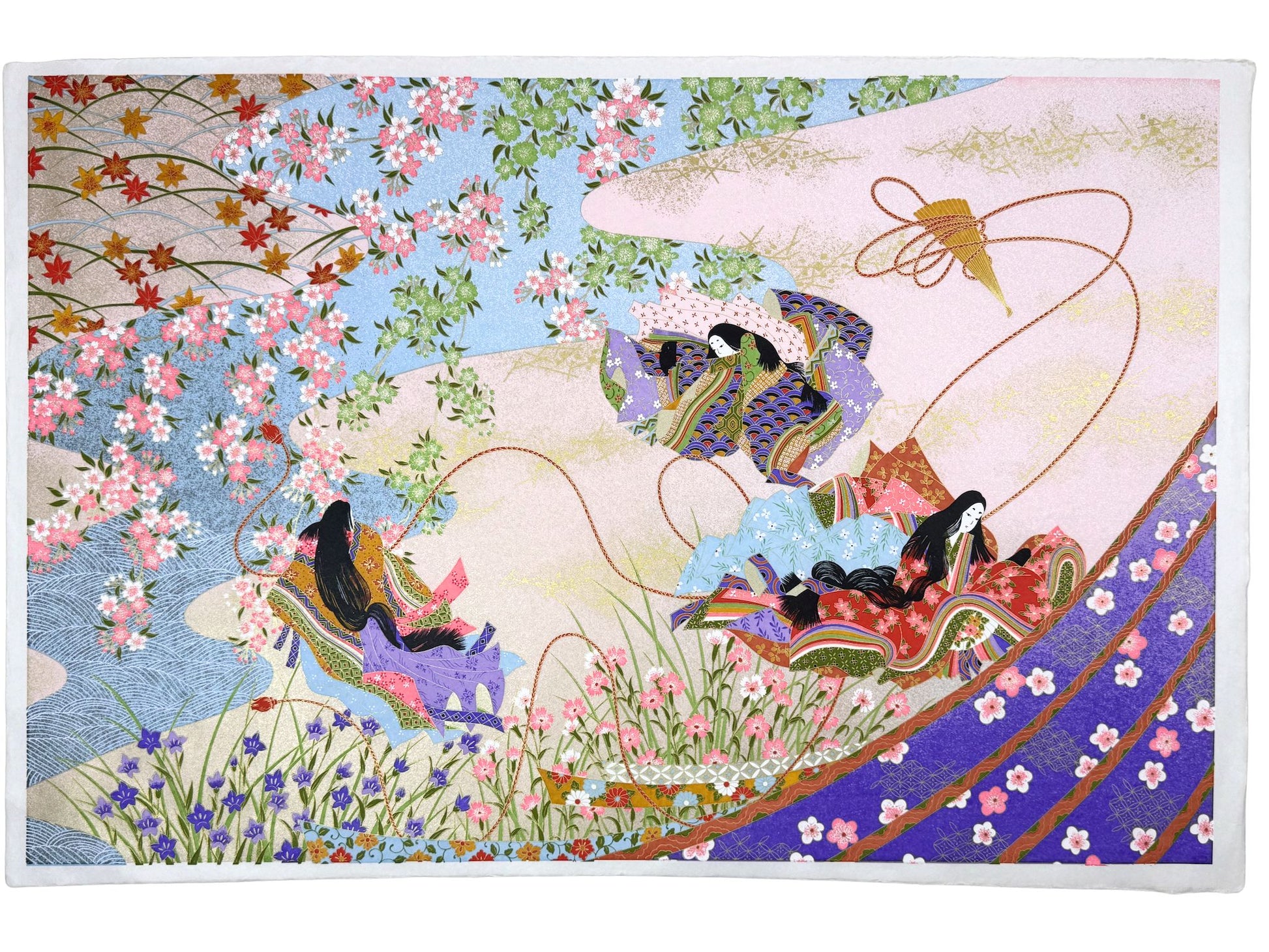 Sérigraphie japonaise grand format représentant une scène du Genji Monogatari avec des personnages de cour et les représentations de quatre saisons