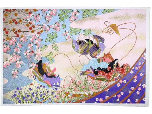 Sérigraphie japonaise grand format représentant une scène du Genji Monogatari avec des personnages de cour et les représentations de quatre saisons