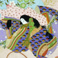 Sérigraphie japonaise grand format représentant une scène du Genji Monogatari avec des personnages de cour et les représentations de quatre saisons, gros plan sur une femme au kimono violet