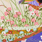 Sérigraphie japonaise grand format représentant une scène du Genji Monogatari avec des personnages de cour et les représentations de quatre saisons, gros plan sur les fleurs