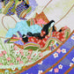 Sérigraphie japonaise grand format représentant une scène du Genji Monogatari avec des personnages de cour et les représentations de quatre saisons, gros plan sur femme assise et fleurs de prunier