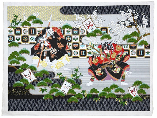 Sérigraphie japonaise Kabuki avec deux acteurs en costume traditionnel dans un décor orné de pins et de fleurs de prunier.