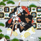 Sérigraphie japonaise Kabuki avec deux acteurs en costume traditionnel dans un décor orné de pins et de fleurs de prunier, gros plan sur l'acteur au kimono noir
