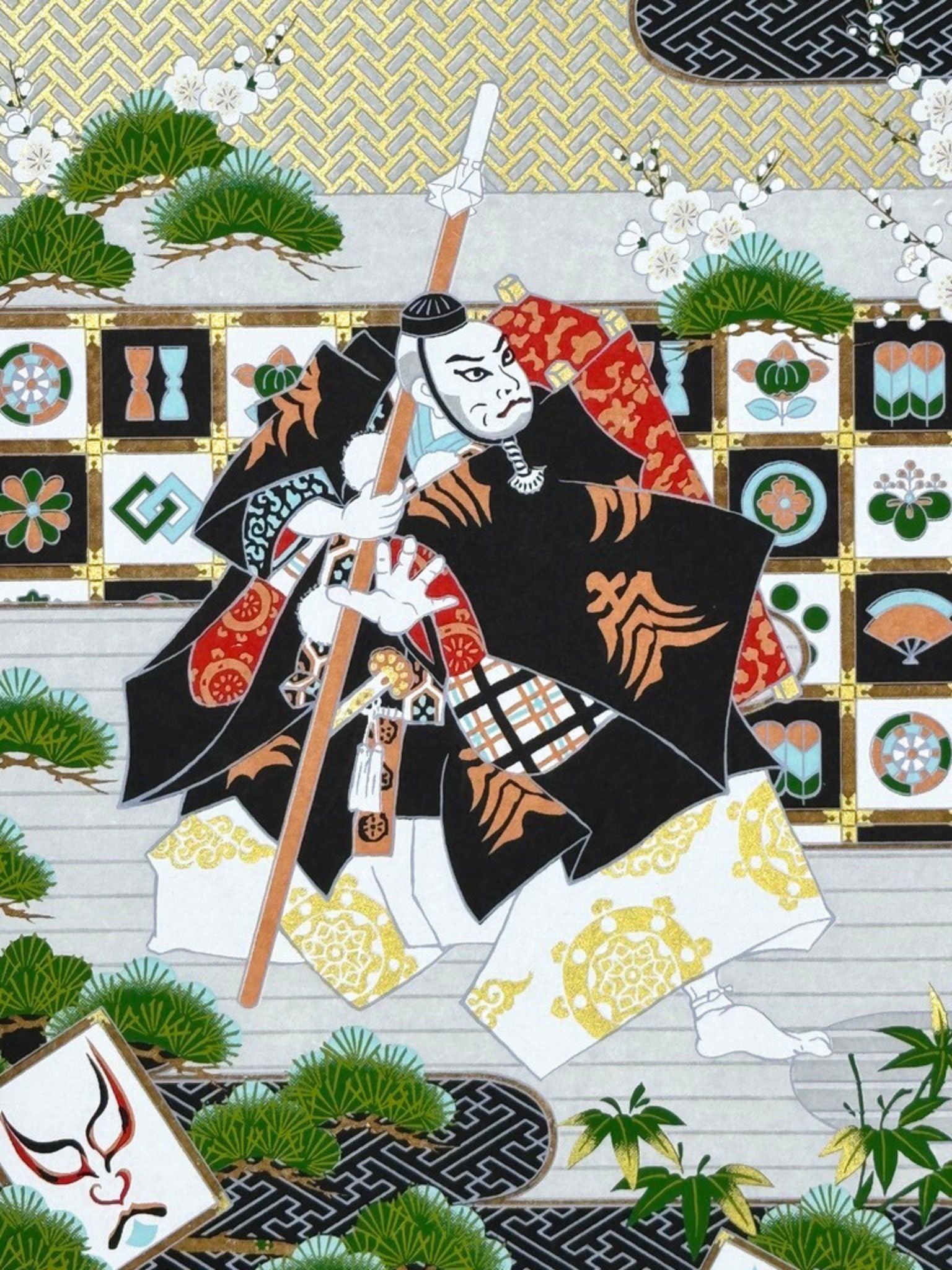 Sérigraphie japonaise Kabuki avec deux acteurs en costume traditionnel dans un décor orné de pins et de fleurs de prunier, gros plan sur l'acteur au kimono noir