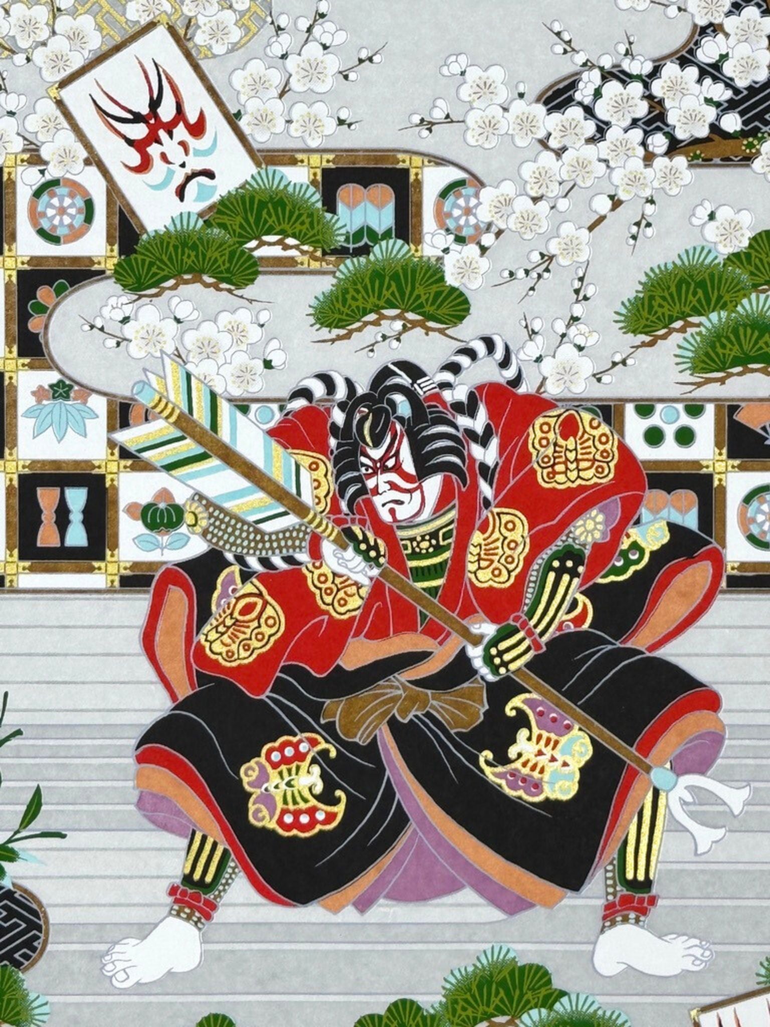 Sérigraphie japonaise Kabuki avec deux acteurs en costume traditionnel dans un décor orné de pins et de fleurs de prunier, gros plan sur l'acteur au maquillage kumadori