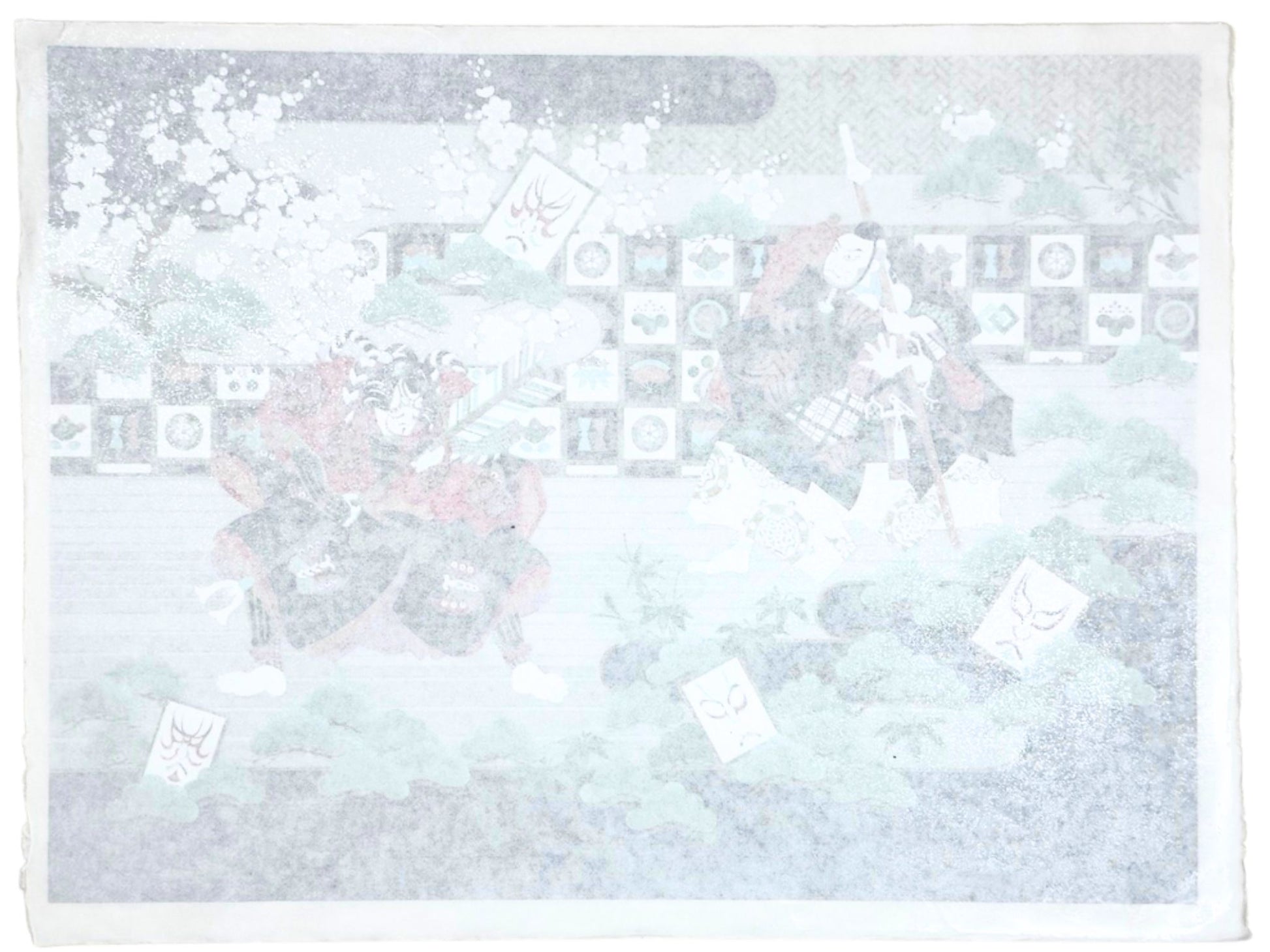 Sérigraphie japonaise Kabuki avec deux acteurs en costume traditionnel dans un décor orné de pins et de fleurs de prunier, le verso