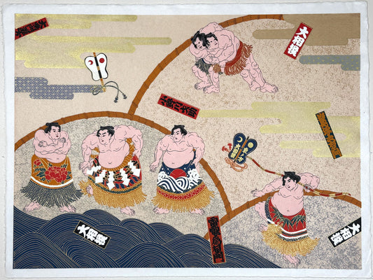 Sérigraphie japonaise de lutteurs de sumo en habits cérémoniels