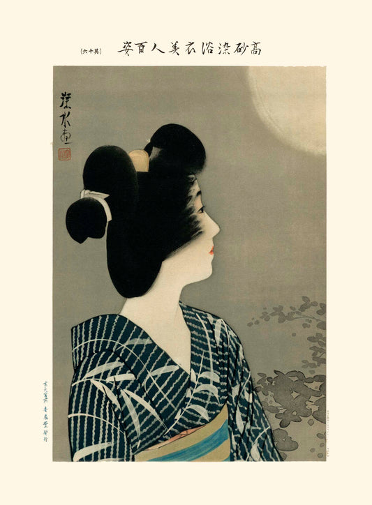 Estampe Japonaise d'une femme en kimono regardant la pleine lune