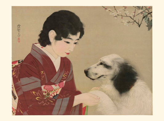 Estampe Japonaise d'une femme en kimono rouge tenant la patte de son beau chien blanc et noir, fleur de cerisier dans le fond