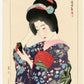 estampe japonaise de Shinsui to, femme arrangeant sa coiffure devant un miroir de poche, vêtue d'un kimono fleuri