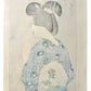 estampe japonaise de Shinsui ito, femme vu de dos, avec kimono bleu et ceinture obi avec motif de fleur, verso de l'estampe