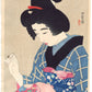 Estampe japonaise de Itō Shinsui représentant une femme en kimono cousant un kimono.
