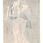 Estampe japonaise de Sharaku, représentants deux acteurs de Kabuki jouant deux amants marchant pieds nus et se protégeant sous une ombrelle. Fond micacé argenté. Dos estampe.