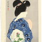 estampe japonaise de Shinsui ito, femme vu de dos, avec kimono bleu et ceinture obi avec motif de fleur