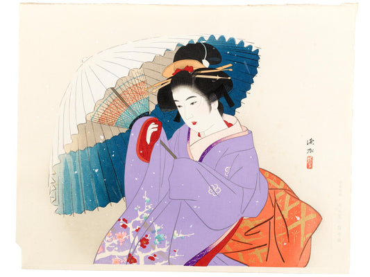 estampe japonaise de shinsui tempete de neige geisha sous son parapluie